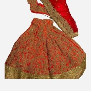 Red Gold Embroidered Lehenga Choli Indian Wedding Bridal Outfit Women's Size S